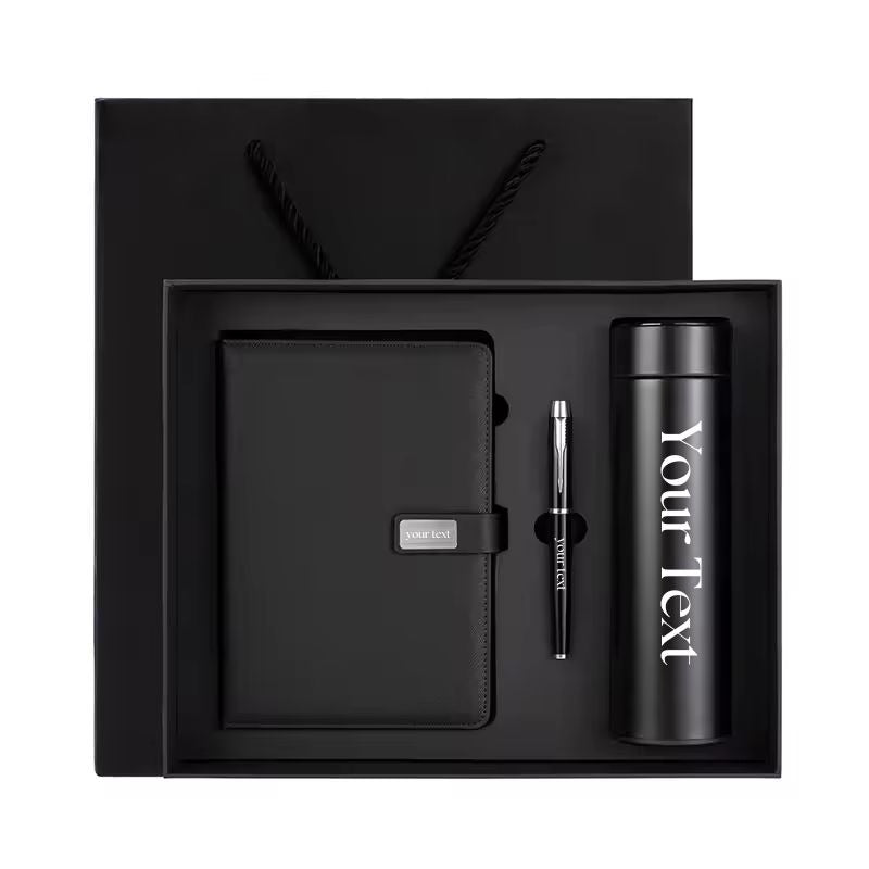 Luxury Custom Gift Set: Leather Notebook & LED Thermos